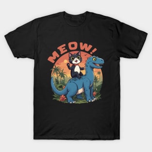 Tuxedo Cat on a Dinosaur Funny Gift T-Shirt